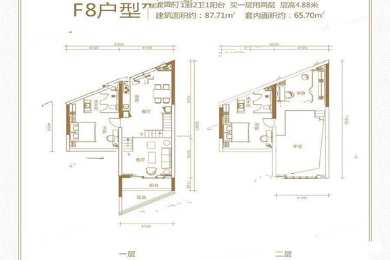 F8户型 - 3室2厅2卫 -  (建筑面积) 88㎡