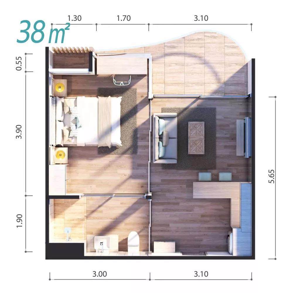 38㎡户型一室一厅一厨一卫 建筑面积:38㎡